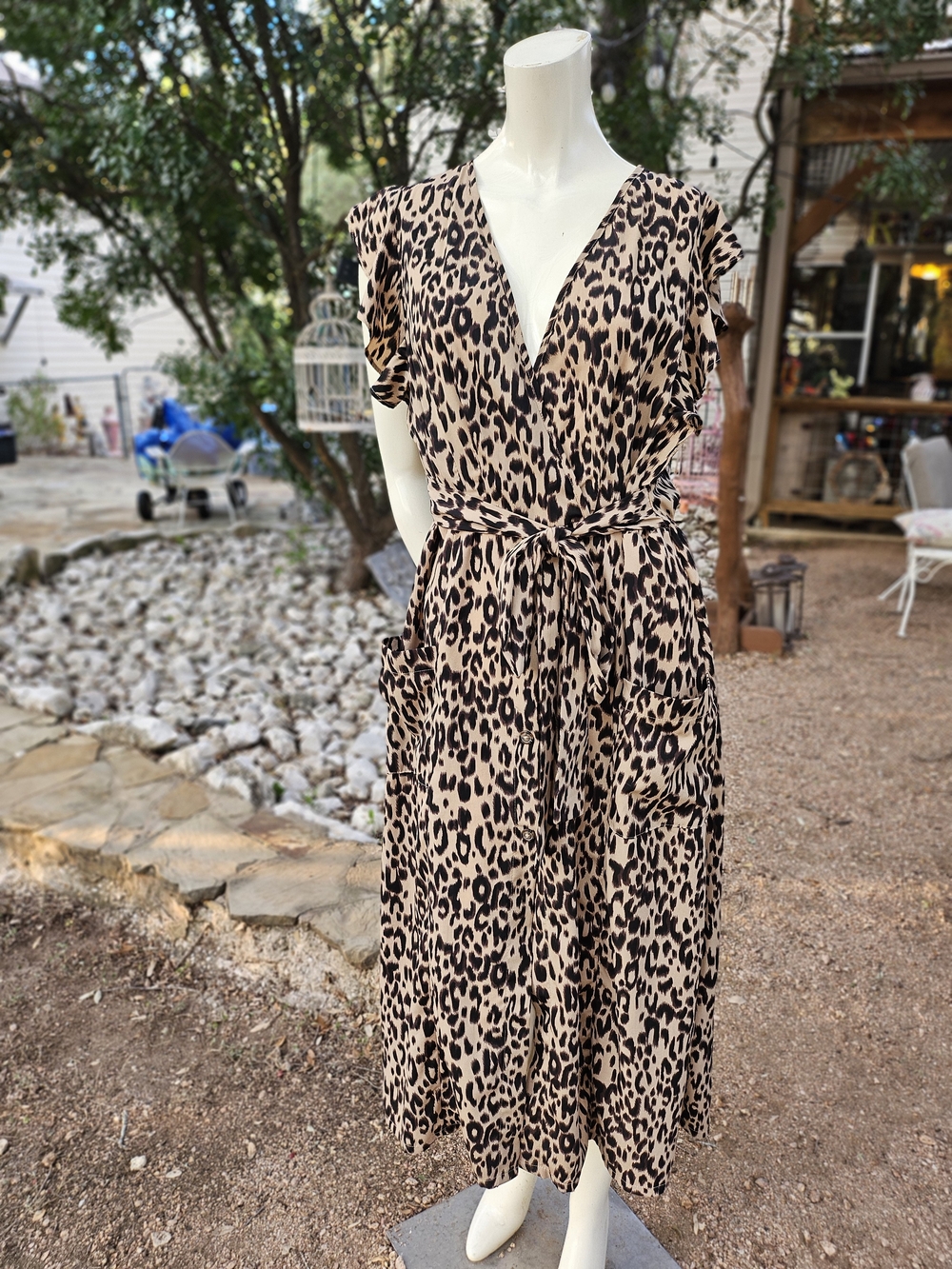 Sienna Sky Leopard Print Wrap Midi Dress Button Front Tie Waist - L